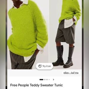 FREE PEOPLE Teddy Sweater Tunic Oversized Lime Green Fuzzy 
NEW $168 original